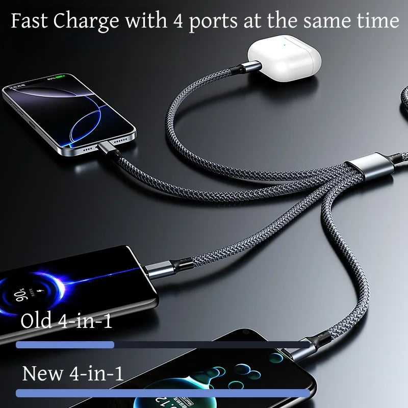4-in-1 Multifunctional Charging Cable Supports USB-A to USB-C, Micro USB, and Braided Cables for Charging Multiple Devices