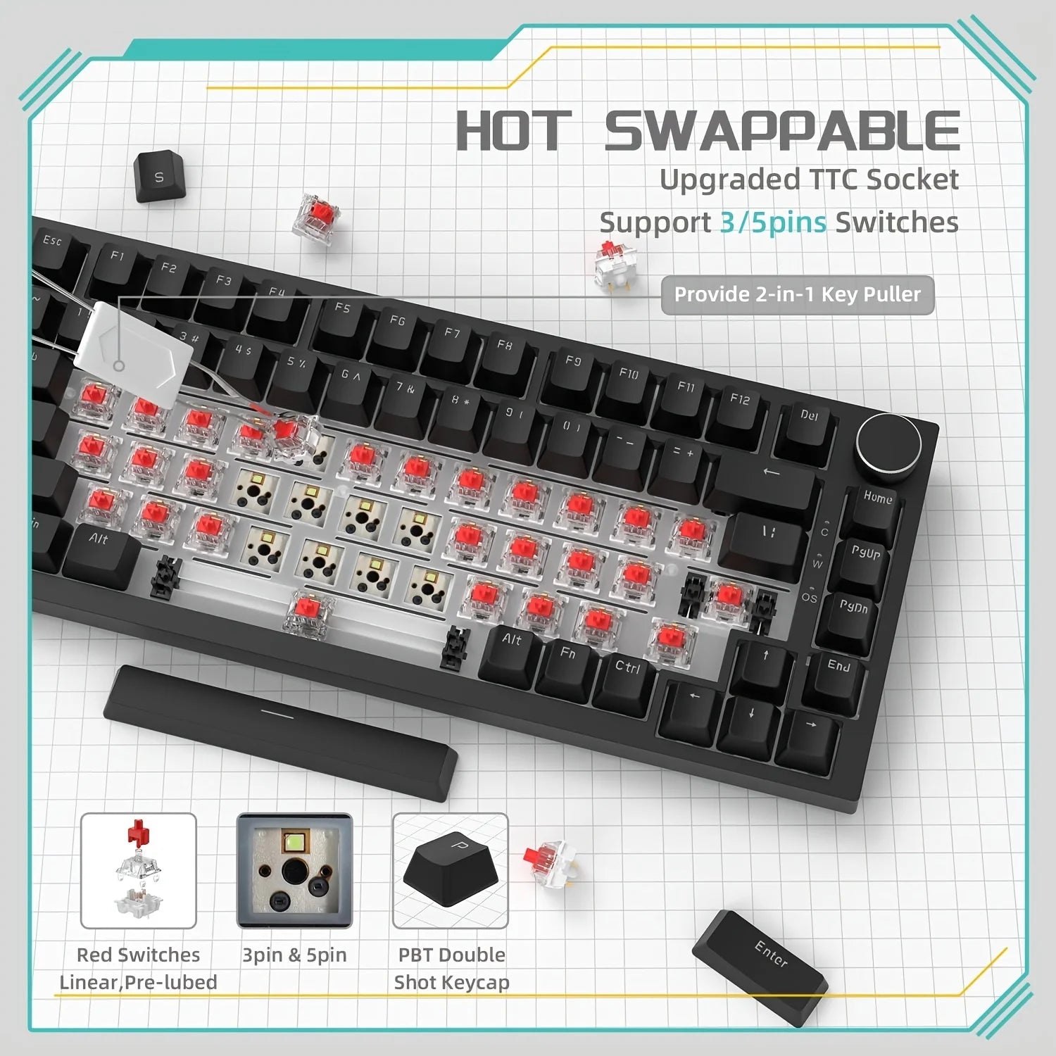AJAZZ AK820 Wired With Rotary Volume Buttons Hot-Swappable Keys For Office And Home Mechanical Keyboards