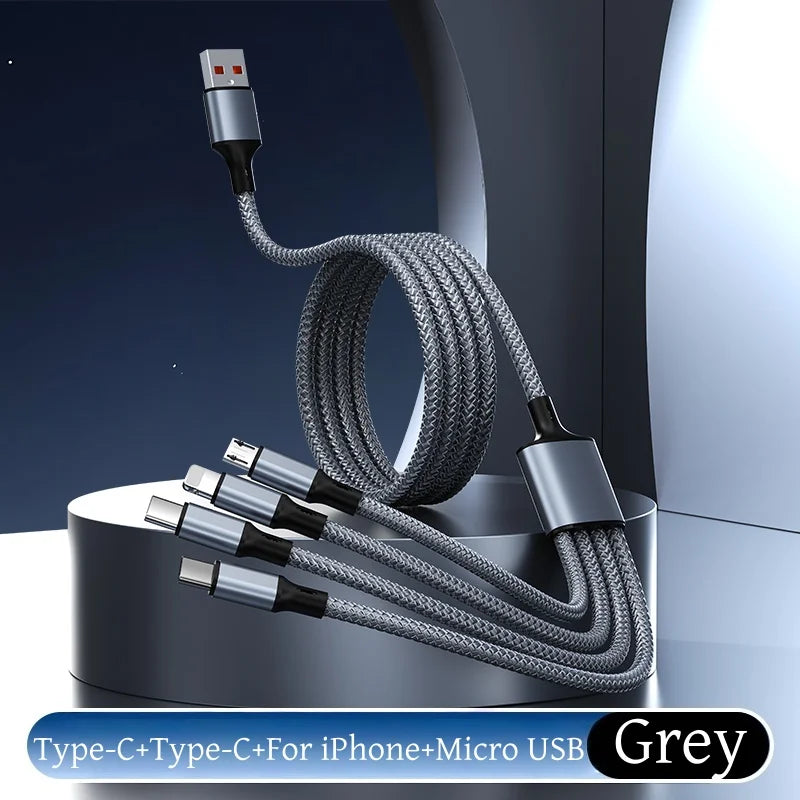 4-in-1 Multifunctional Charging Cable Supports USB-A to USB-C, Micro USB, and Braided Cables for Charging Multiple Devices