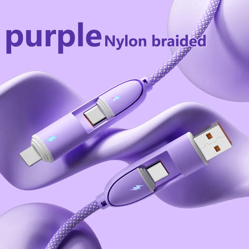 4-in-1 Multifunctional Fast Charging Data Cable USB A/Type-C To Type-C/Lightning Nylon Braided Durable For iPhone Samsung Huawei