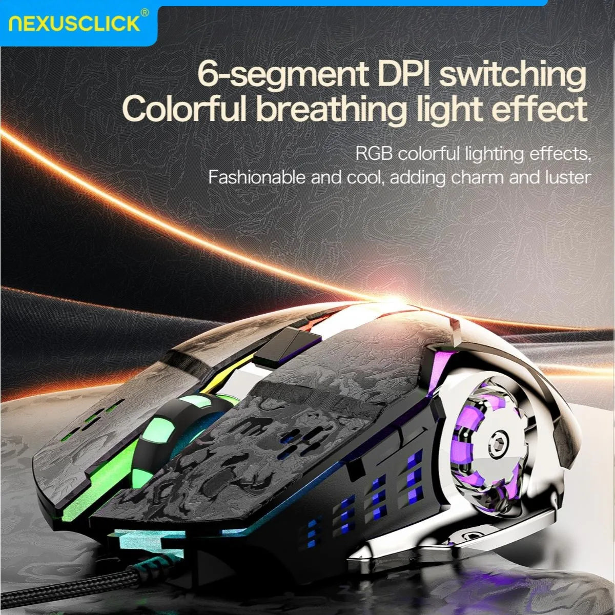 NexusClick 2026 New Hot Wired 6-Buttons Gaming Mouse, Colorful Lighting 7200 DPI Office Mice For PC Windows and Apple IOS system